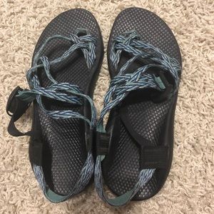 Chacos with a teal and purple chevron pattern